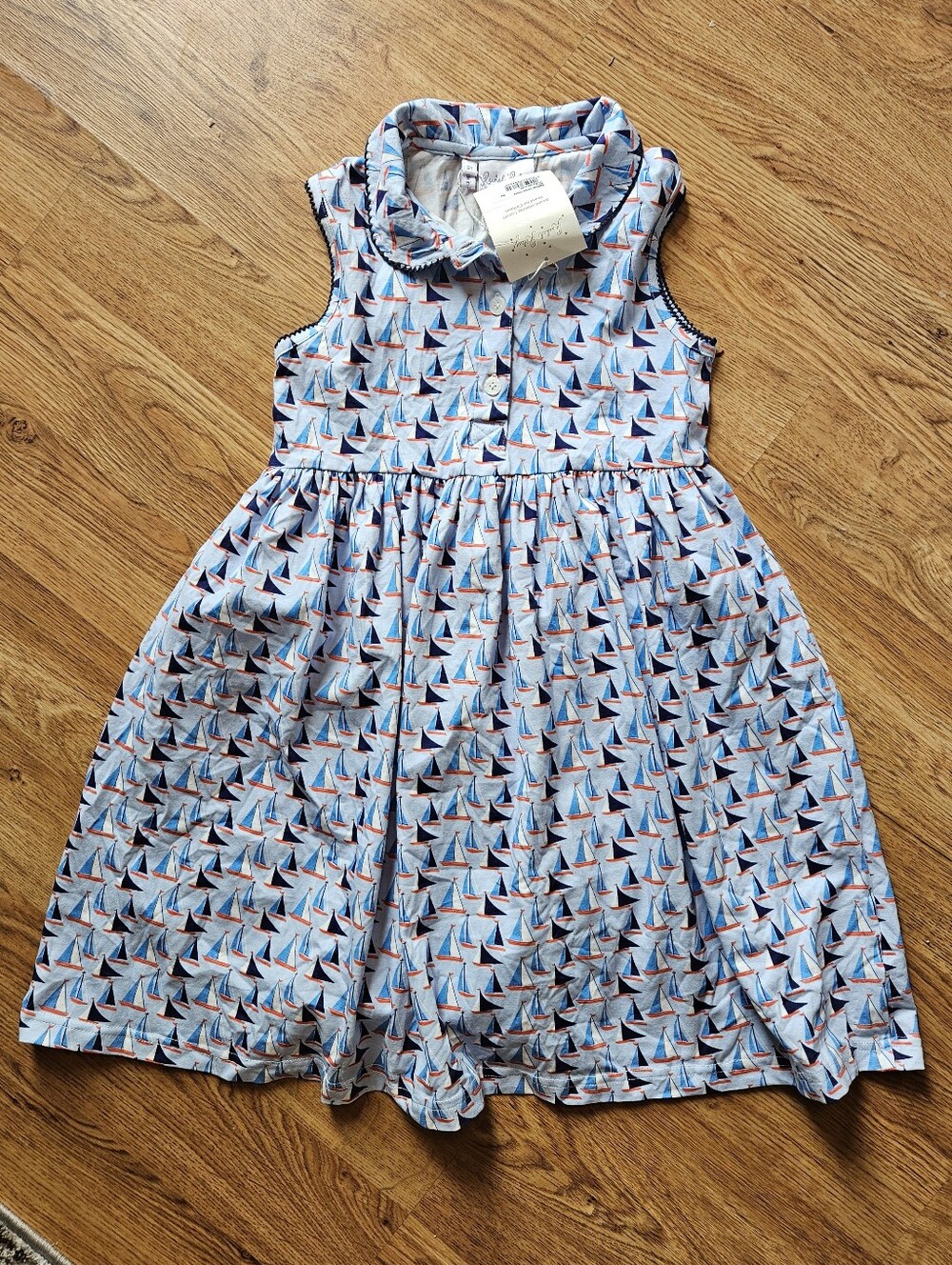 Rachel Riley Light Blue Sailboat Print Girls Dress NWT